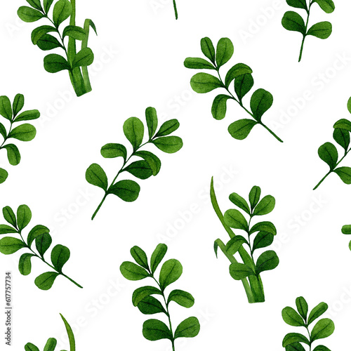 Seamless pattern from lingonberry leaf, cranberry leaf. Watercolor hand drawn illustration on white background. Template for the design of paper, cover, fabric, children's interior decor.