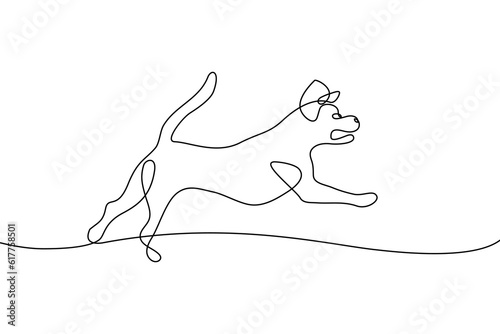 Angry dog in continuous line art drawing style. Running dog looking aggressive and ready to attack. Black linear sketch isolated on white background. Vector illustration