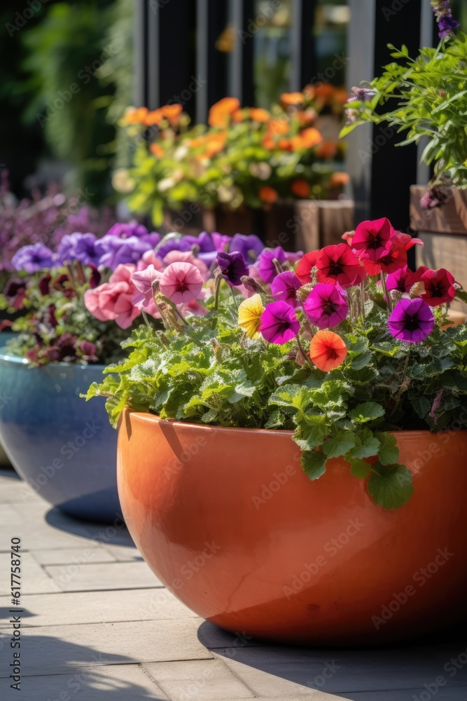 Colourful petunias in ceramic planters in sunny garden, created using generative ai technology