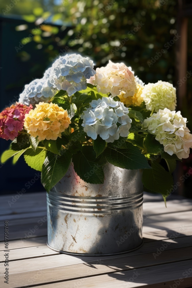 Fototapeta premium Colourful hydrangeas in metal planter in sunny garden, created using generative ai technology