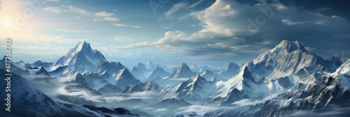Snowy mountains, banner, background for the site. AI generative.