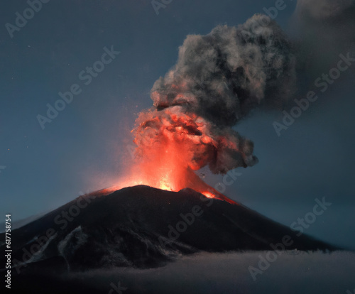 Volcano erupting with lava and ashes in air over blue sky, created using generative ai technology