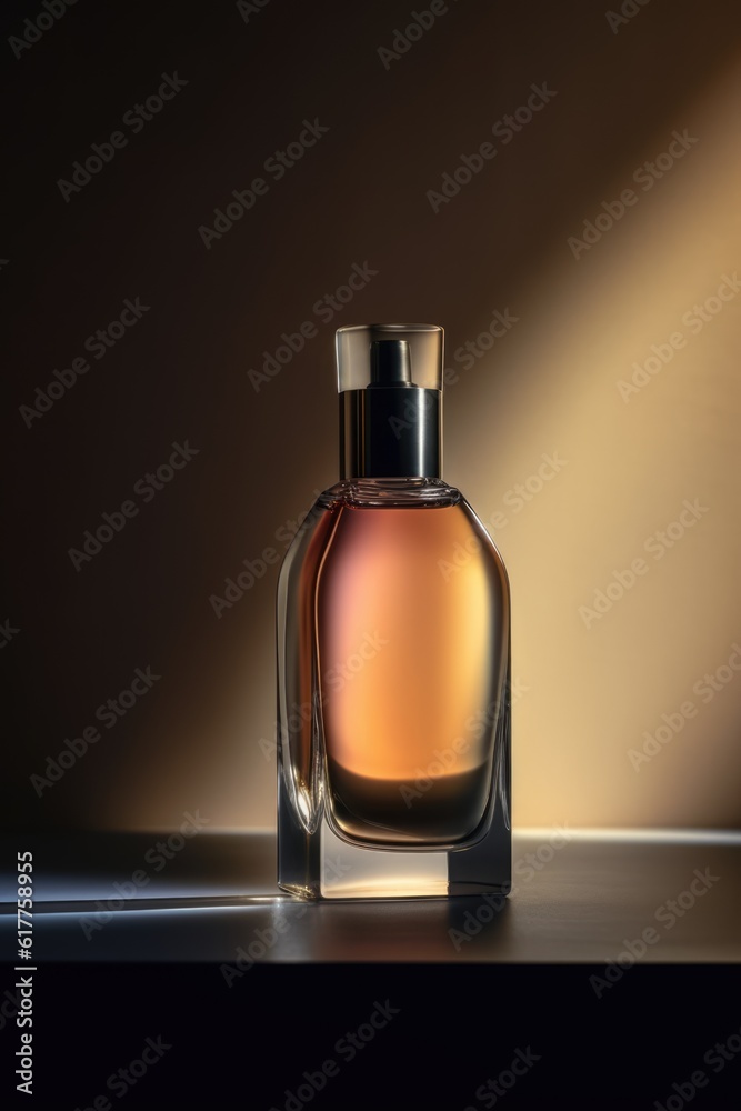 Curved glass perfume bottle in sunlight on dark background, created using generative ai technology