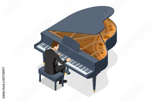 Isometric man playing the piano. Musical instrument grand piano isolated on white background. Classical musical instrument Grand piano