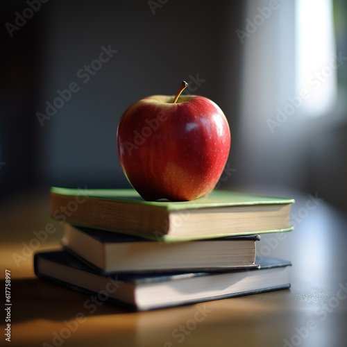 a stack of books with an apple on top of them