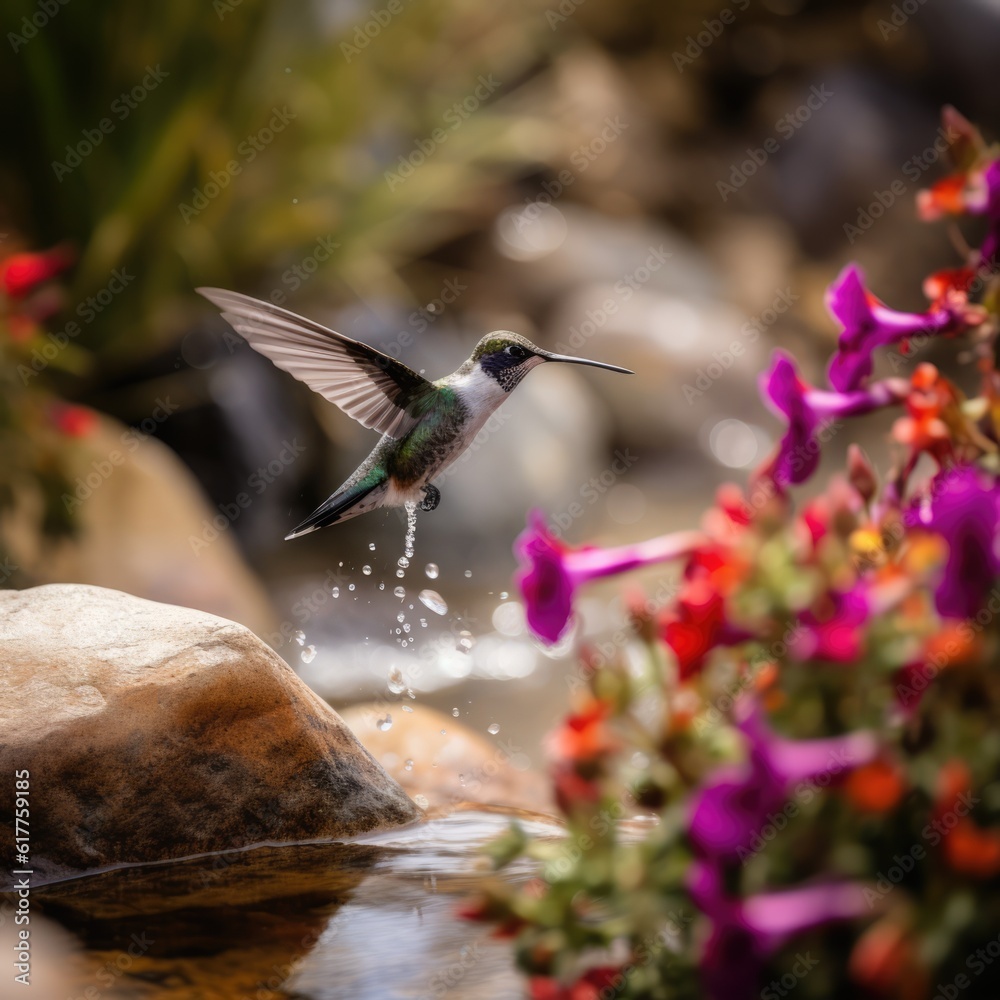 Fototapeta premium Hummingbird hovering by purple flower with water drops, created using generative ai technology