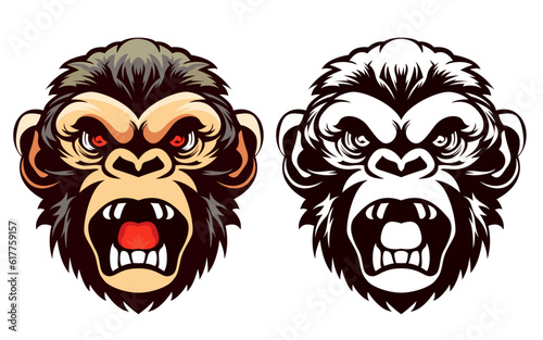 Angry Monkey face mascot cartoon vector illustration, Logo concept Angry Ape, chimpanzee screaming mascot vector image, colored and black and white stock vector