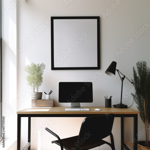 Empty black frame with copy space in office on white wall, created using generative ai technology