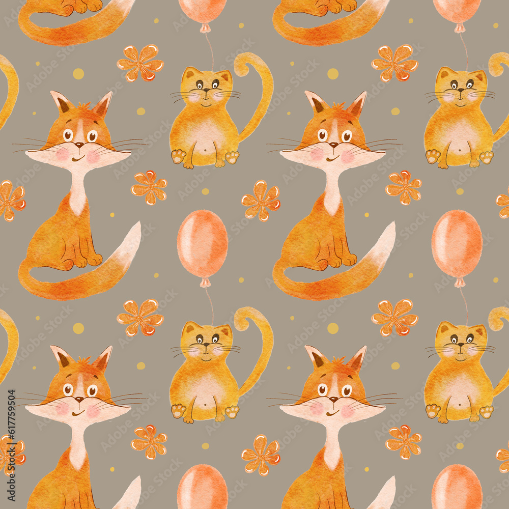 Fototapeta premium Cheerful red cat and fox with flowers and a balloon. Seamless children's pattern with animals. The illustration is hand drawn.