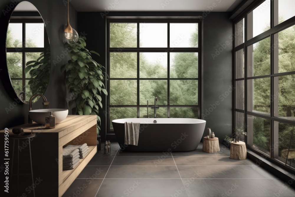 Black modern bathroom with french windows and view to trees, created using generative ai technology Black modern bathroom with french windows and view to trees, created using generative ai technology