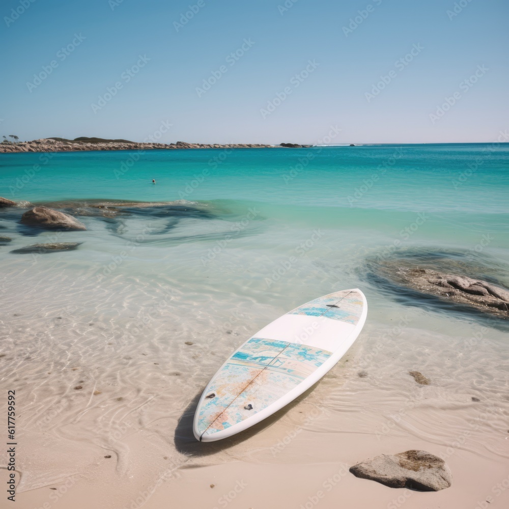 Worn surfboard lying on sunny beach, created using generative ai technology Worn surfboard lying on sunny beach, created using generative ai technology