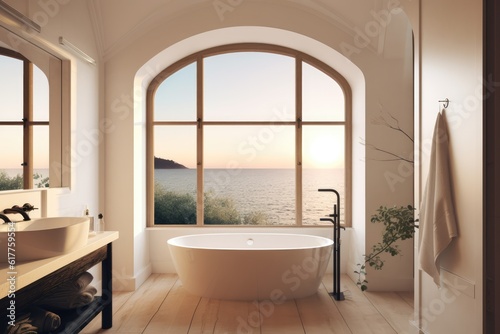 Sunny eclectic bathroom with large window and view to sea  created using generative ai technology