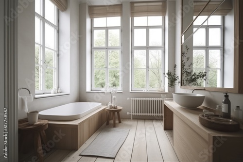 Bright modern bathroom with french windows and view to trees, created using generative ai technology