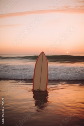 Orange and white surfboard standing on beach at sunset, created using generative ai technology © Future Vision