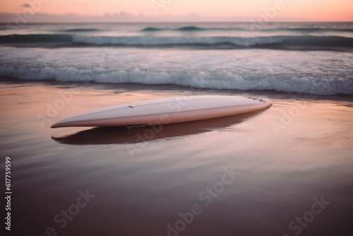 White surfboard lying on beach at sunset, created using generative ai technology
