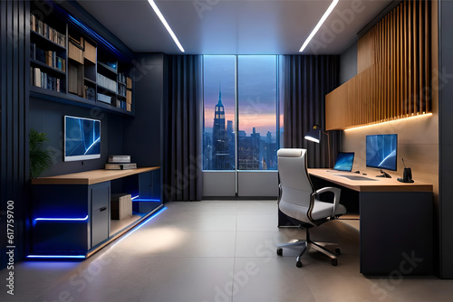 Interior design of a modern tech-savvy study room with smart features, integrated charging stations, and sleek technology for a futuristic and efficient space | Generative AI