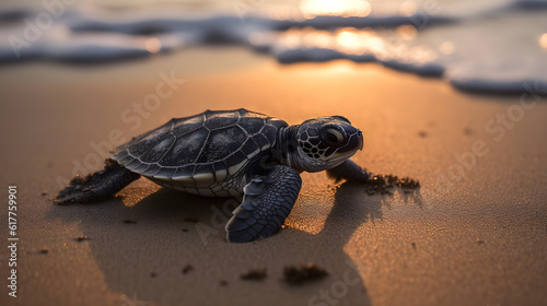 baby turtle after hatch crawling to the beach created with Generative AI
