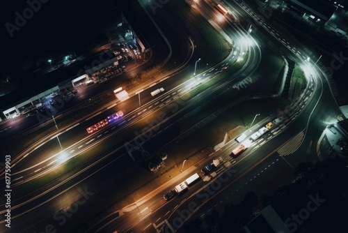 Aerial view of lit car race track at night, created using generative ai technology
