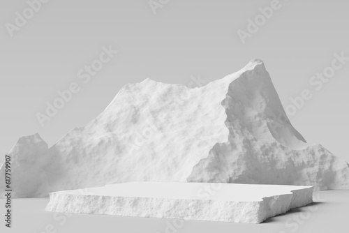 White rock decoration and stone slab product display 3d rendering background. Empty scene with object placement for packaging presentation.