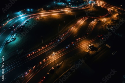 Aerial view of lit car race track at night, created using generative ai technology © Future Vision