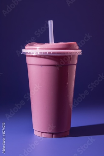 Pink smoothie on purple background, created using generative ai technology photo