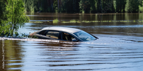 A passenger car is sinking in a body of water, devoid of any occupants, silently disappearing beneath the surface. Generative AI