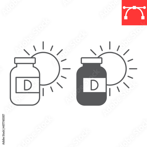 Vitamin D line and glyph icon, supplements and health, vitamin D bottle vector icon, vector graphics, editable stroke outline sign, eps 10.