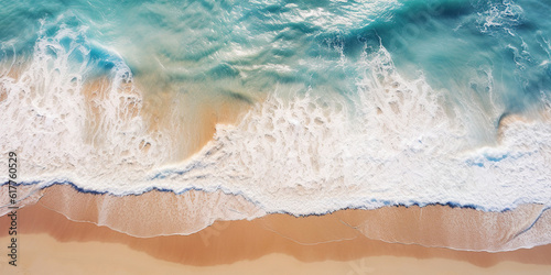An awe-inspiring aerial view of a pristine sandy beach meeting the vast ocean, where the gentle waves caress the shore, creating a picturesque coastal paradise. generative AI
