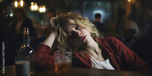 A heavily intoxicated woman sits in the bar, her disheveled appearance and vacant gaze revealing the extent of her intoxication, creating a somber atmosphere. Generative AI