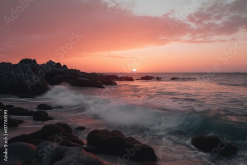 Sunset sky with clouds over ocean and rocks, created using generative ai technology