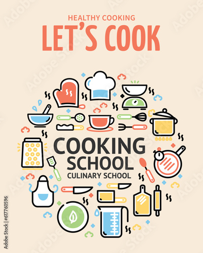 Healthy Cooking Lets Cook Culinary School Placard Poster Banner Card Template with Different Thin Line Elements. Vector illustration