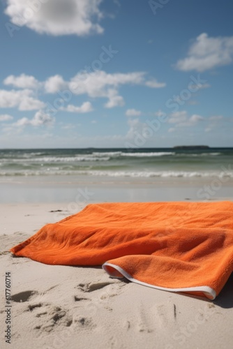 Orange towel on beach with sea and blue sky, created using generative ai technology