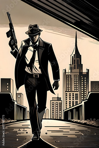 Figure of man with submachine gun in the city street