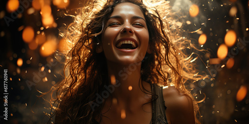 A joyful woman embraces the evening in the city, spreading her arms wide with delight, capturing the magic of the moment and embracing the urban energy. Generative AI