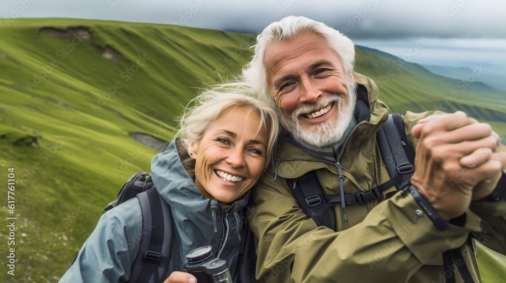 Happy smile elderly couple of hikers in the ascent to the summit take a selfie phone on the highlands landscape around