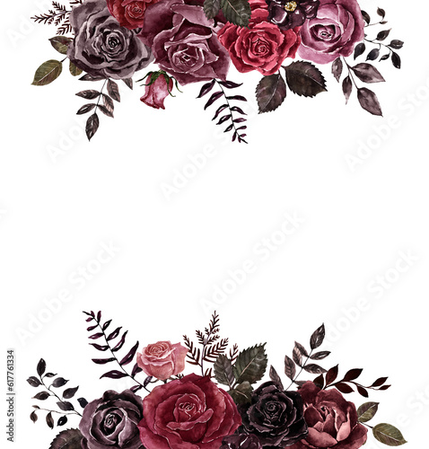 Floral frame made in vintage Victorian goth style. A watercolor botanical border featuring burgundy, red, and black roses and dark foliage. Halloween invitation template. PNG clipart.