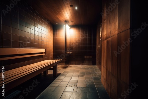 Interior of wooden sauna with bench, created using generative ai technology
