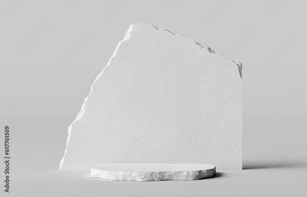 © vpanteon - White rock decoration and stone slab product display 3d rendering background. Empty scene with object placement for packaging presentation. © vpanteon - White rock decoration and stone slab product display 3d rendering background. Empty scene with object placement for packaging presentation.