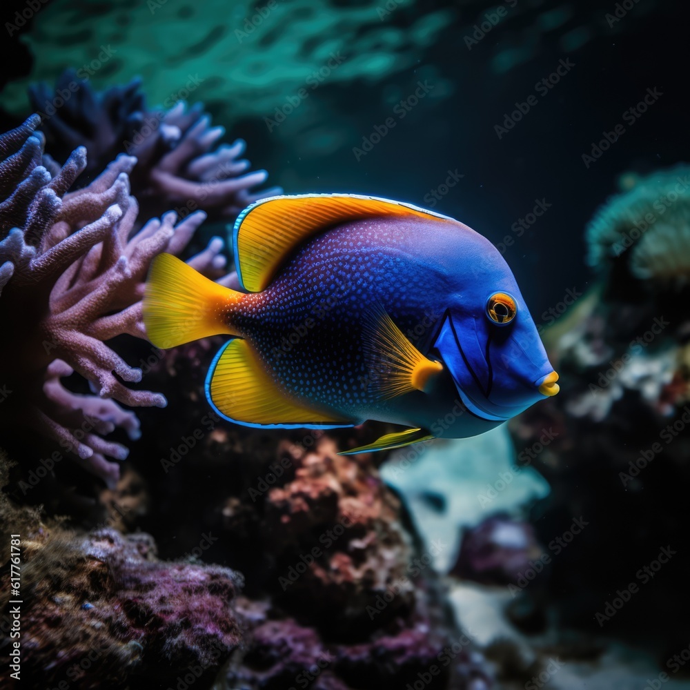 Blue tropical fish with spots and coral reef in sea, created using generative ai technology Blue tropical fish with spots and coral reef in sea, created using generative ai technology