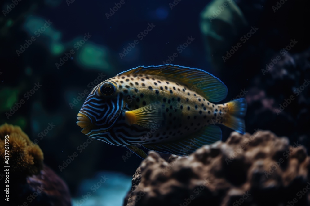 Yellow tropical fish with pattern and coral reef in sea, created using generative ai technology Yellow tropical fish with pattern and coral reef in sea, created using generative ai technology