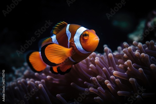 Orange tropical fish with stripes and coral reef in sea, created using generative ai technology