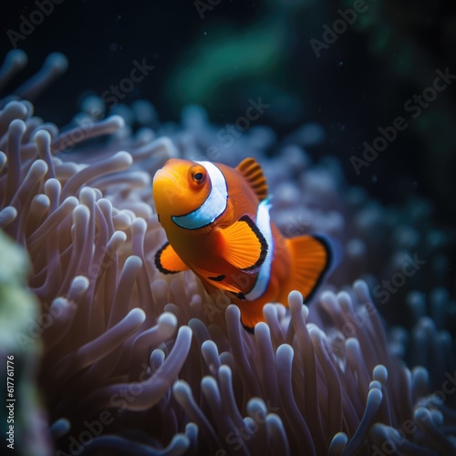 Orange tropical fish with stripes and coral reef in sea, created using generative ai technology