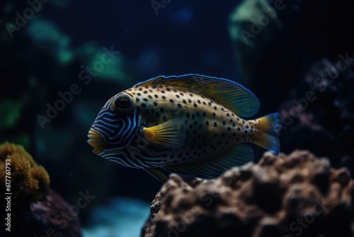 Yellow tropical fish with pattern and coral reef in sea, created using generative ai technology