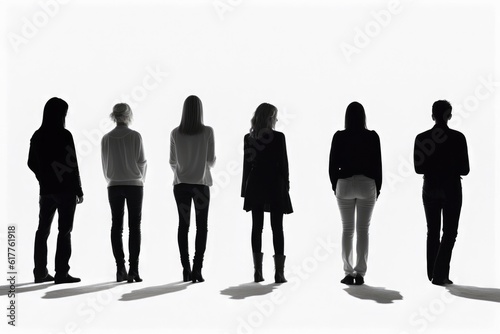 Silhouette of several people seen from behind with white background Generative AI Illustration photo