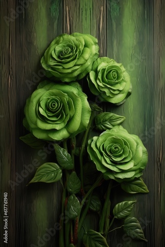 Green roses on green wooden background  created using generative ai technology
