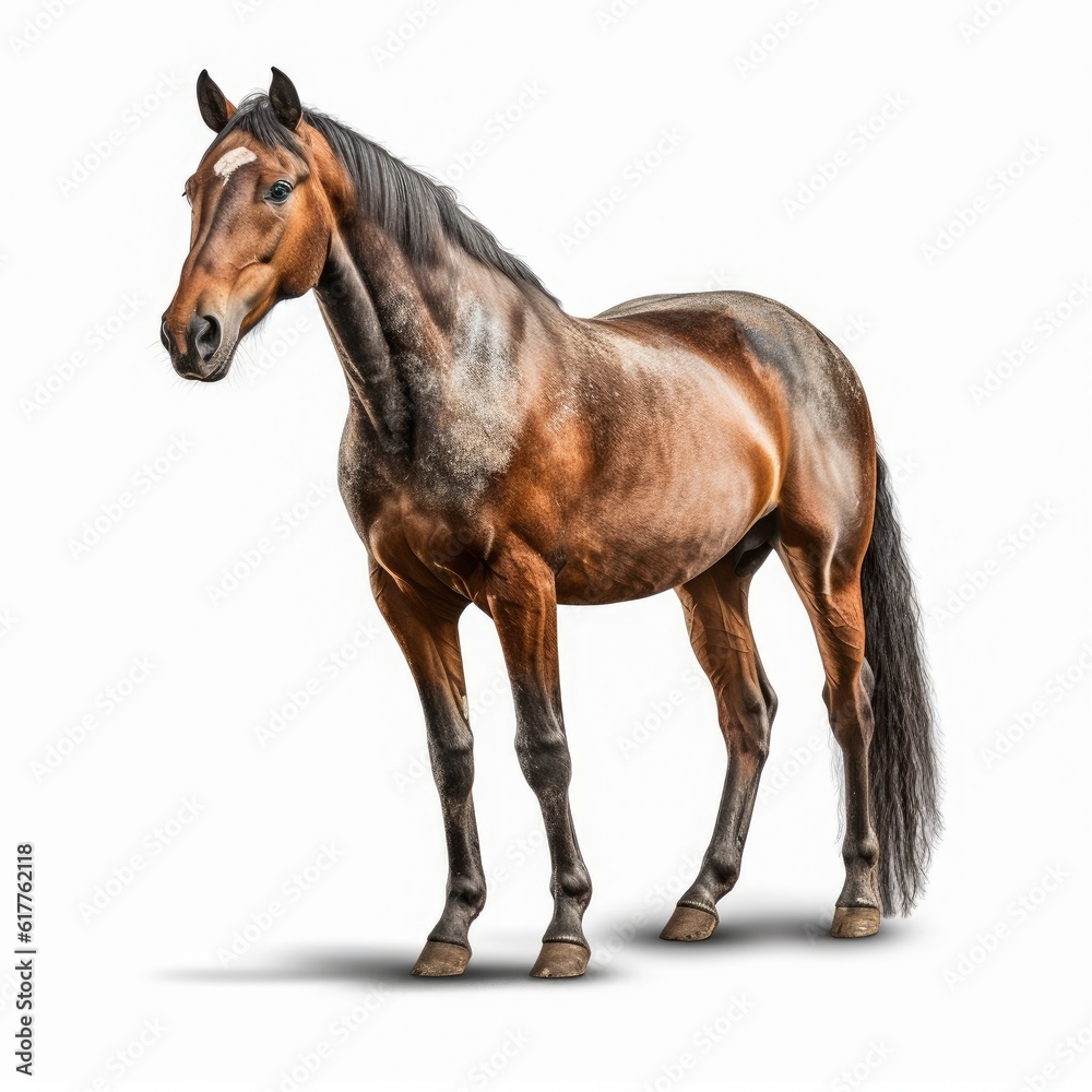 Illustration of a brown racing champion stallion horse on white background Generative AI