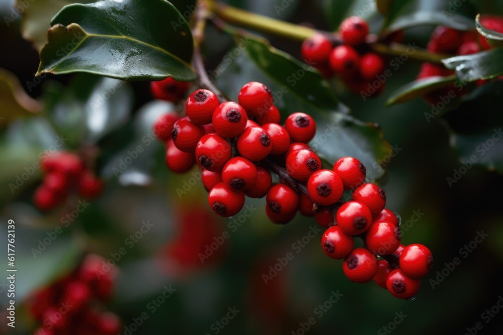 Full frame of holly and red berries background, created using generative ai technology Full frame of holly and red berries background, created using generative ai technology