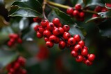 Full frame of holly and red berries background, created using generative ai technology