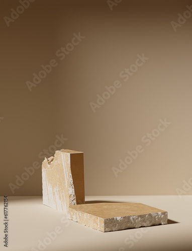 Abstract minimal product display template. Empty studio scene with textured stone shapes 3d rendering for cosmetic promotion.