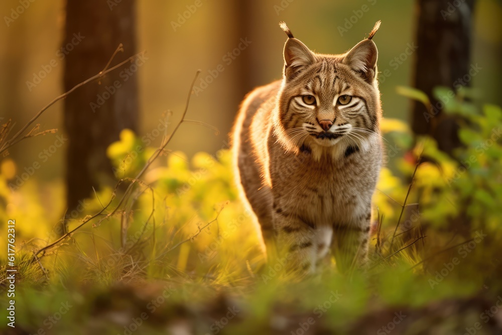 Obraz premium Close up of bobcat walking in forest, created using generative ai technology
